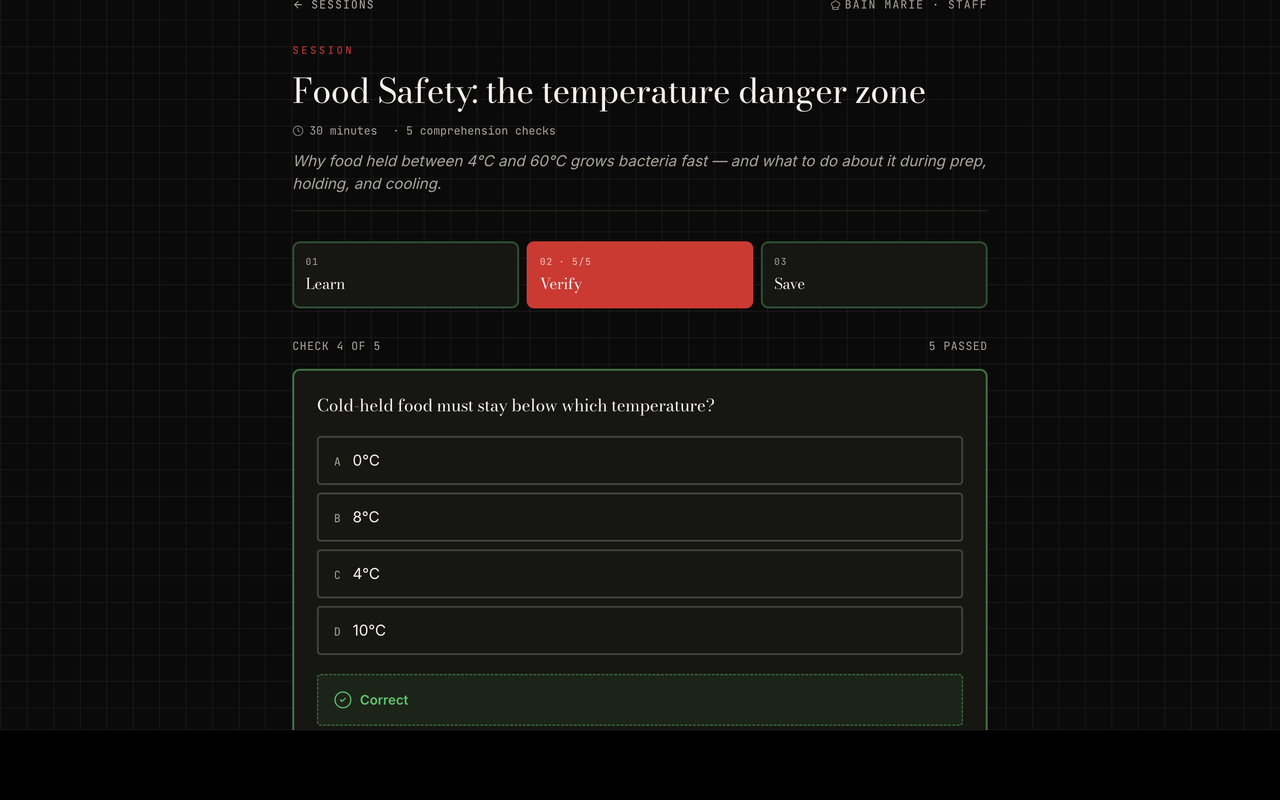 BM Training — food safety lesson with quiz