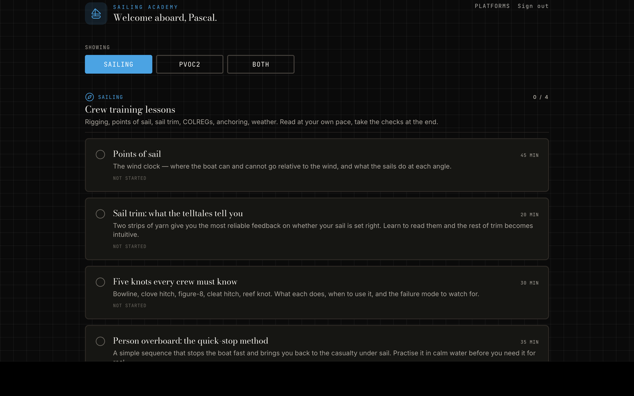 Sailing Academy — crew training lessons dashboard