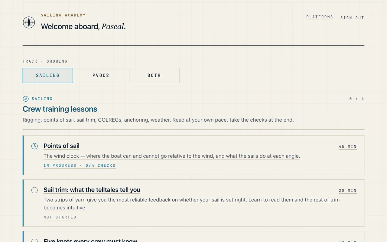 Sailing Academy — crew training lessons dashboard