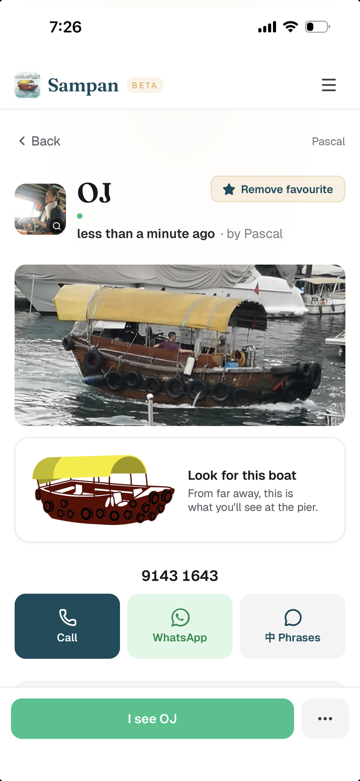 Sampan — driver profile card with 'I see OJ' confirmation button